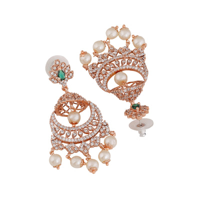 Estele Rose Gold Plated CZ Enchanting Leaf Designer Earrings with Pearls for Women
