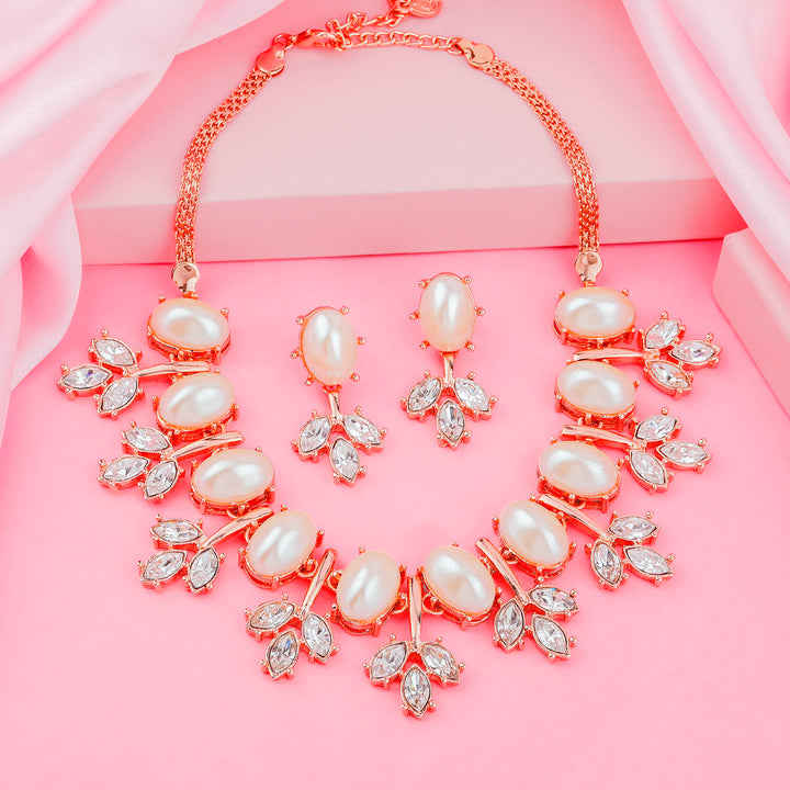 Estele Rosegold Plated Fascinating Necklace Set with Pearls for Women