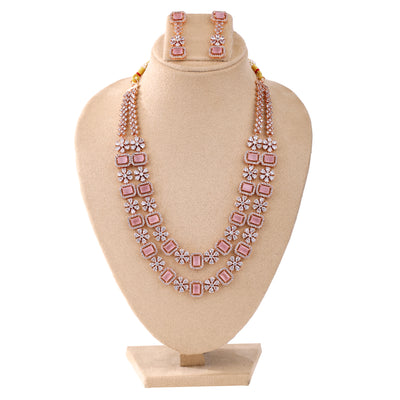 Estele Rose Gold Plated CZ Captivating Double Layered Necklace Set with Mint Pink & White Crystals for Women