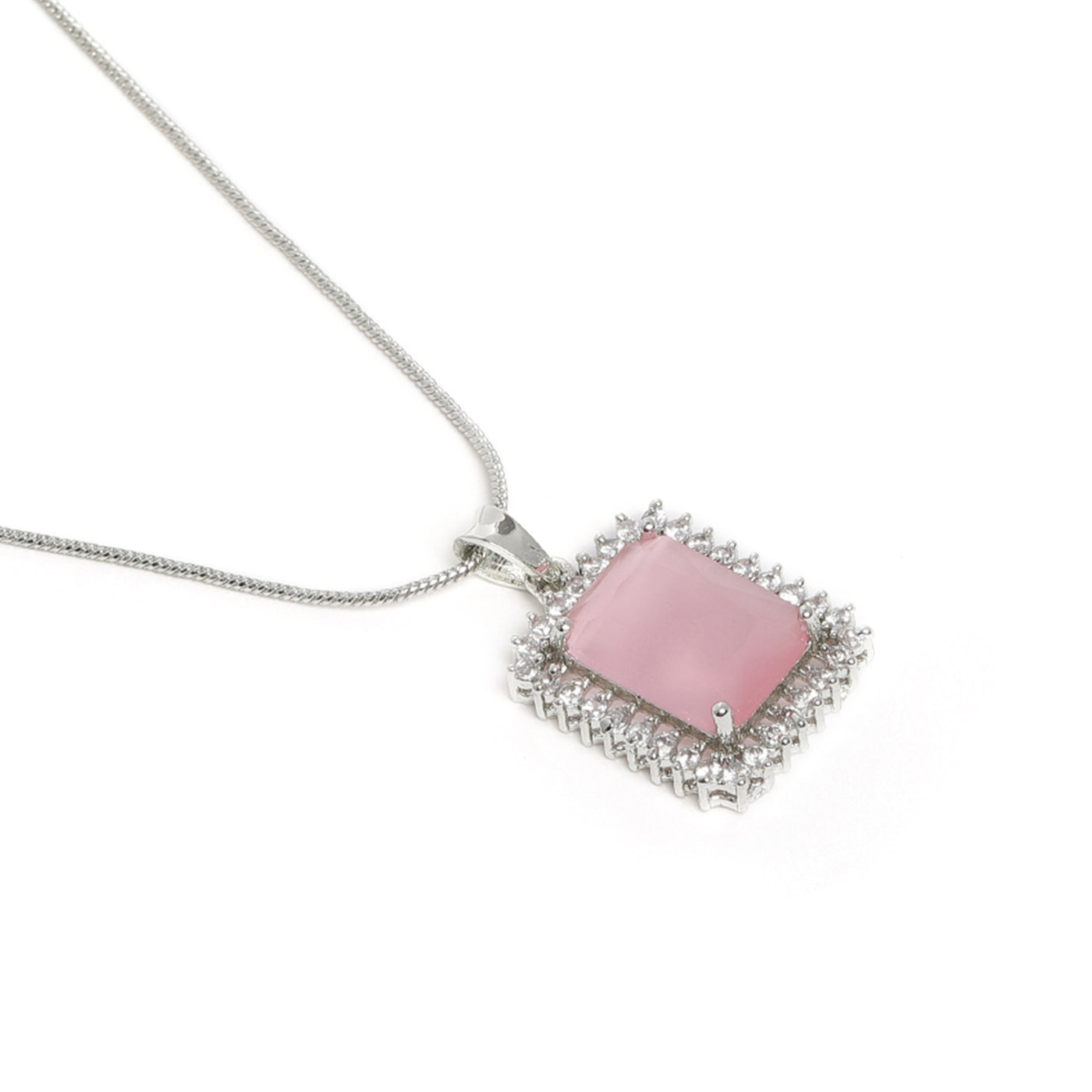 Estele Rhodium Plated CZ Square Designer Pendant Set with Mint Pink for Women