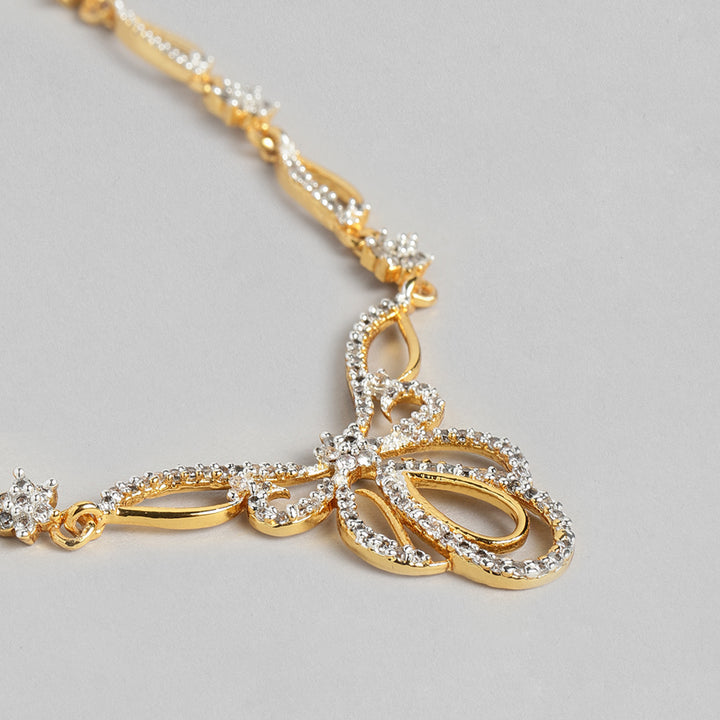 Estele 24 Kt Gold Plated Oval Halo American Diamond Necklace Set For Women
