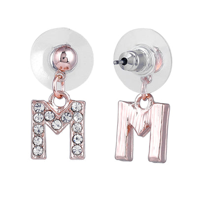 Estele Rose Gold Plated Magnificent Medium 'M' Letter Earrings with Crystals for Women