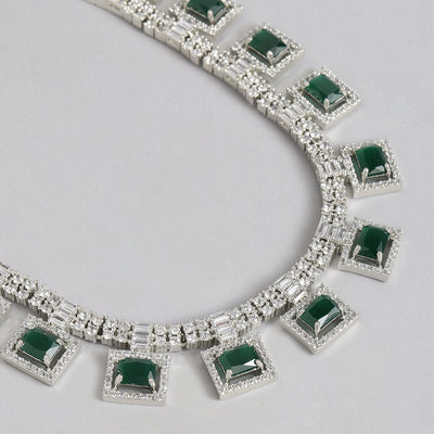 Estele Rhodium Plated CZ Geometric Designer Necklace Set with Emerald Crystals for Women