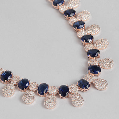 Estele Rose Gold Plated CZ Shimmering Necklace Set with Blue & White Stones for Girls & Women's