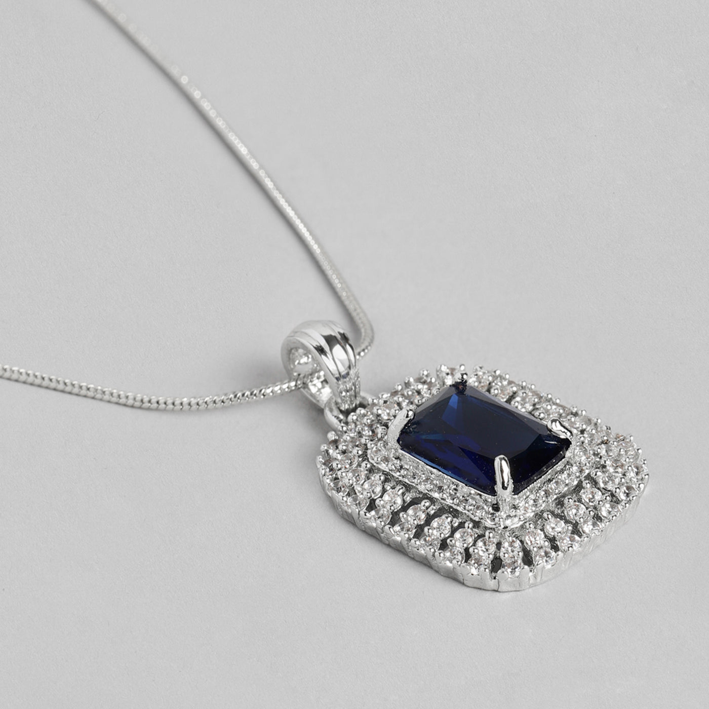 Estele Rhodium Plated CZ Sparkling Square Designer Pendant Set with Blue Crystals for Women