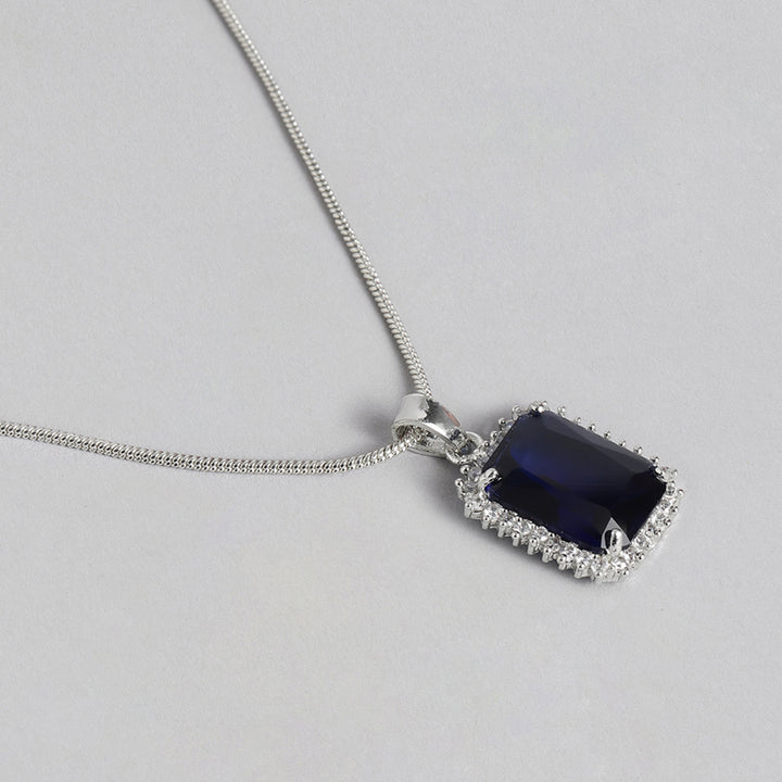 Estele Rhodium Plated CZ Square Shaped Pendant Set with Blue Stones for Women