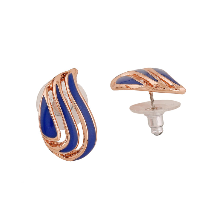 Estele Rose Gold Plated Leaf Designer Stud Earrings with Blue Enamel for Women