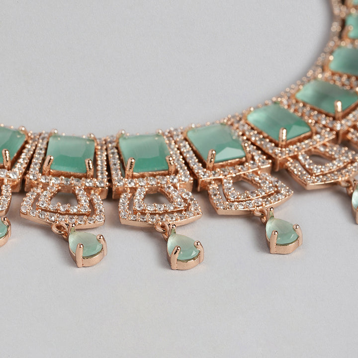 Estele Rose Gold Plated CZ Glimmering Dulhan Necklace Set with Mint Green and White Crystals for Women