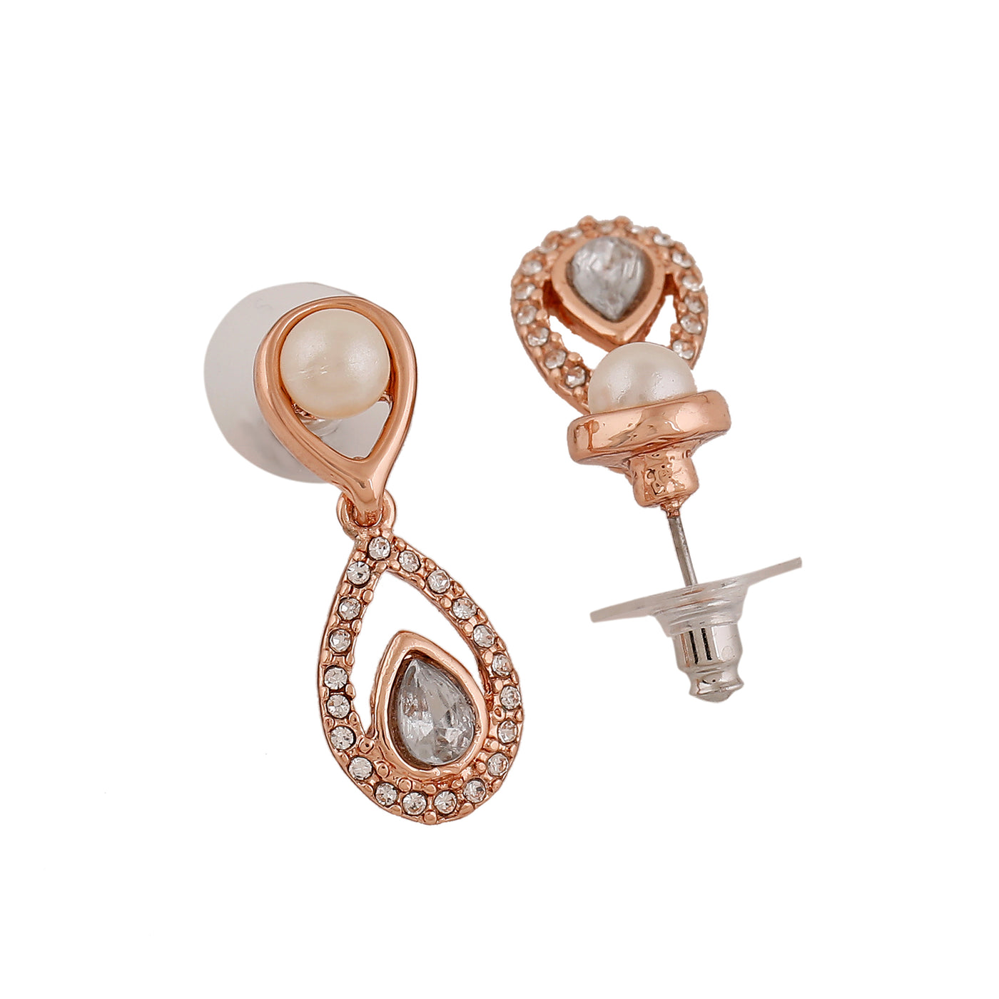 Estele Rose Gold Plated Scintillating Drop Earrings with Crystals & Pearl for Women