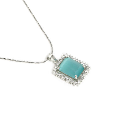 Estele Rhodium Plated CZ Square Designer Pendant set with Mint Green Stones for Women