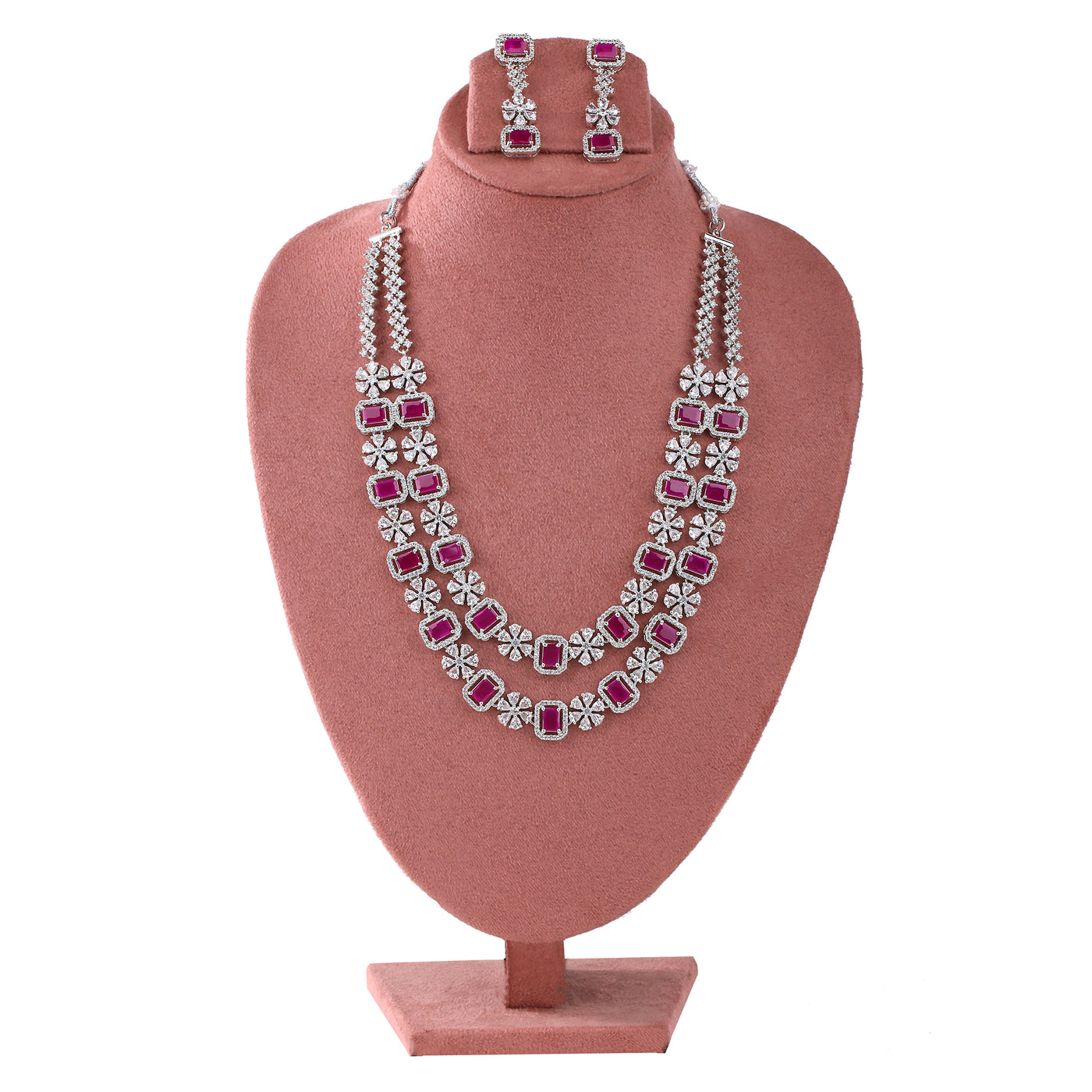 Estele Rhodium Plated CZ Captivating Double Layered Necklace Set with Ruby & White Crystals for Women