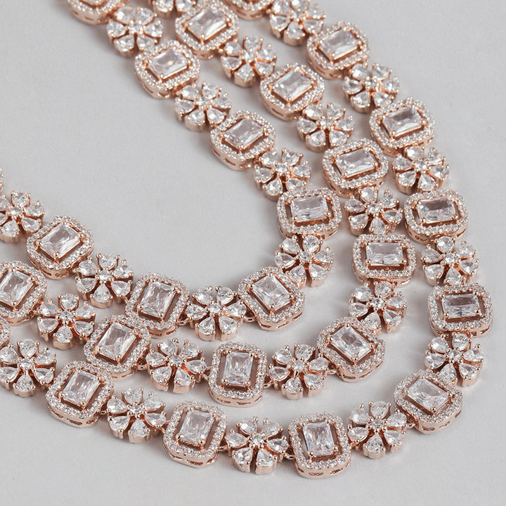 Estele Rose Gold Plated CZ Dazzling Three Layered Dulhan Necklace Set with White Stones for Women