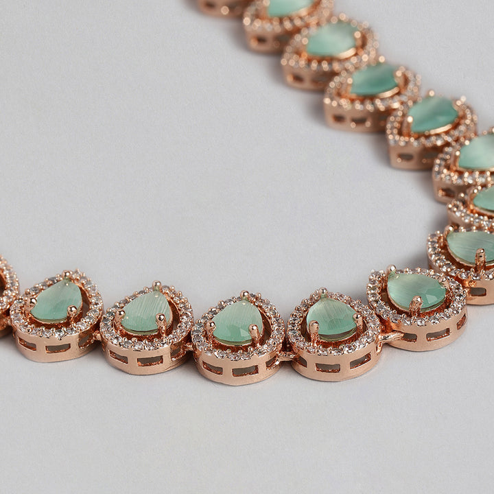 Estele Rose Gold Plated CZ Stunning Tear Drop Necklace Set with Mint Green & White for Girls & Women's