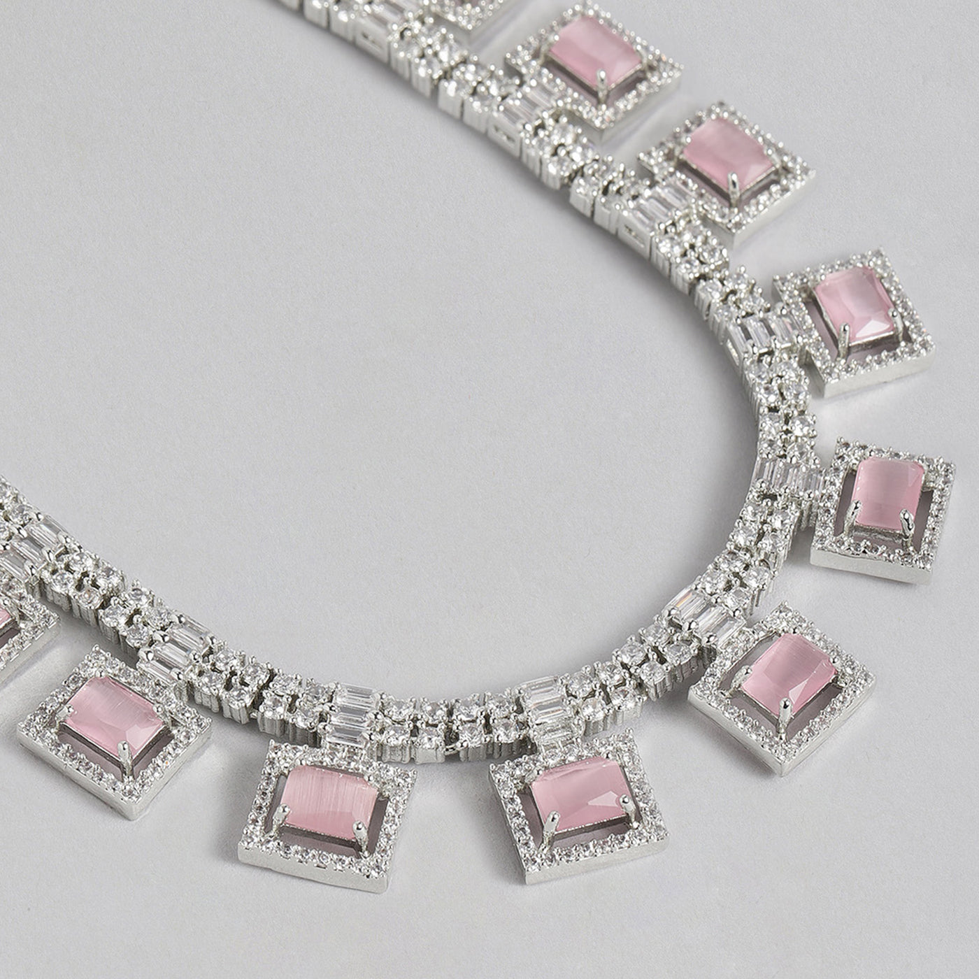 Estele Rhodium Plated CZ Geometric Designer Necklace Set with Mint Pink Crystals for Women