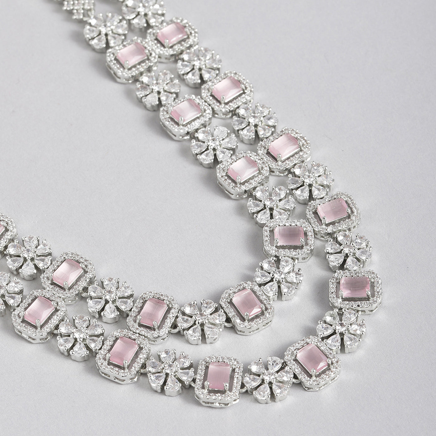 Estele Rhodium Plated CZ Fascinating Double Layered Necklace Set with Mint Pink and White Crystals for Women