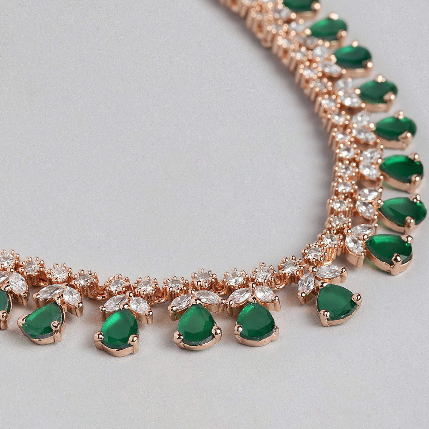 Estele Rose Gold Plated CZ Glamorous Necklace Set with Green Stones for Women