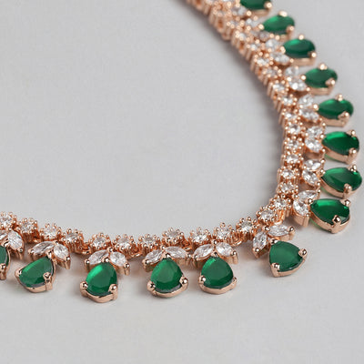 Estele Rose Gold Plated CZ Glamorous Necklace Set with Green Stones for Women