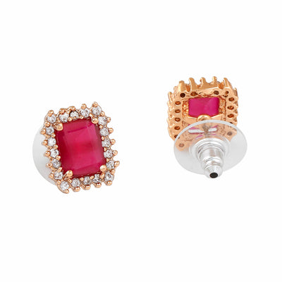 Estele Rose Gold Plated CZ Square Designer Stud Earrings with Ruby Stones for Women