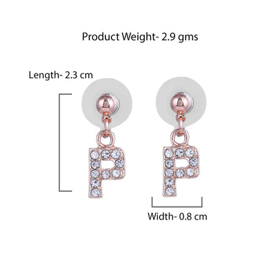 Estele Rose Gold Plated Magnificent Medium 'P' Letter Earrings with Crystals for Women