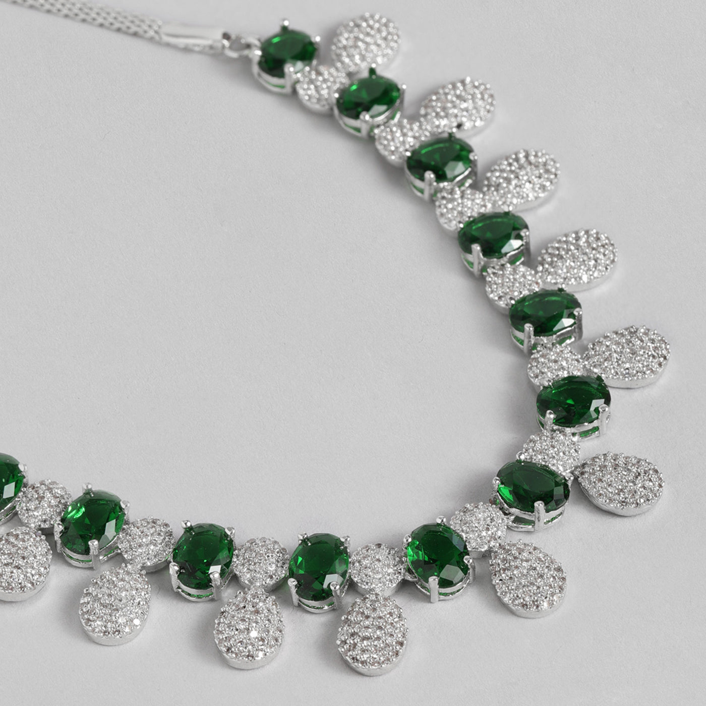 Estele Rhodium Plated CZ Drop Designer Necklace Set with Green Stones for Women