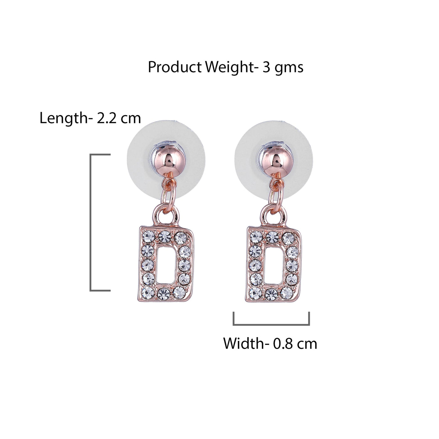 Estele Rose Gold Plated Magnificent Medium 'D' Letter Earrings with Crystals for Women