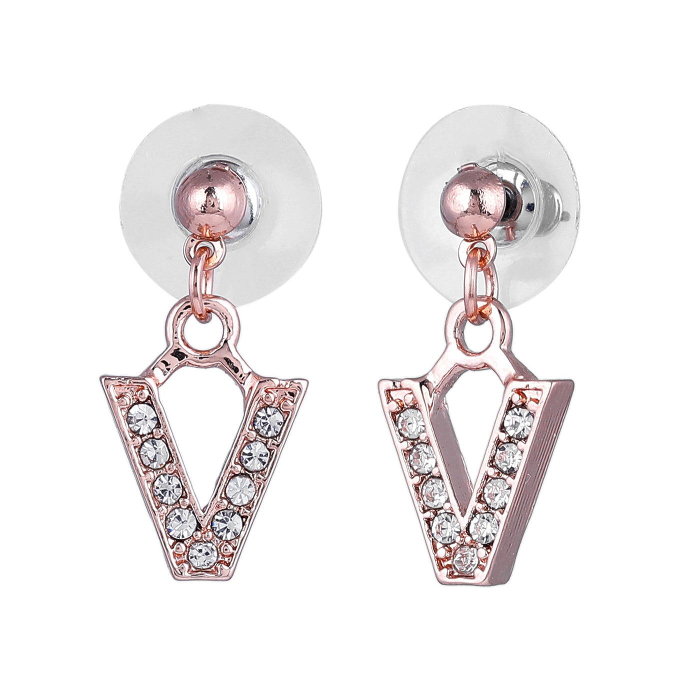 Estele Rose Gold Plated Magnificent Medium 'V' Letter Earrings with Crystals for Women