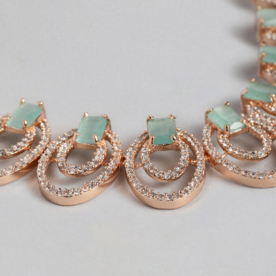 Estele Rose Gold Plated CZ Circular Designer Necklace Set with Mint Green Stones for Women