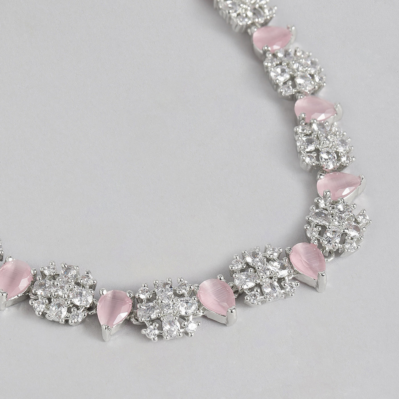 Estele Rhodium Plated CZ Sparkling Designer Necklace Set with Mint Pink Crystals for Women