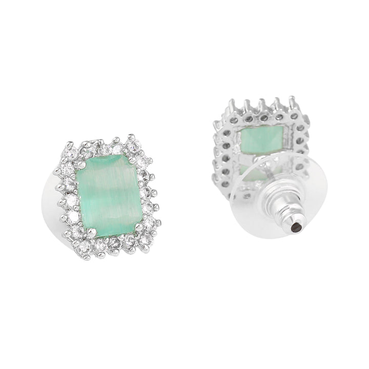 Estele Rhodium Plated CZ Square Designer Stud Earrings with Mint Green Stones for Women