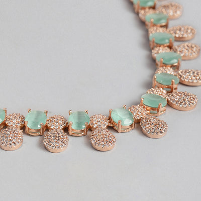 Estele Rose Gold Plated CZ Circular Designer Necklace Set with Mint Green Stones for Women