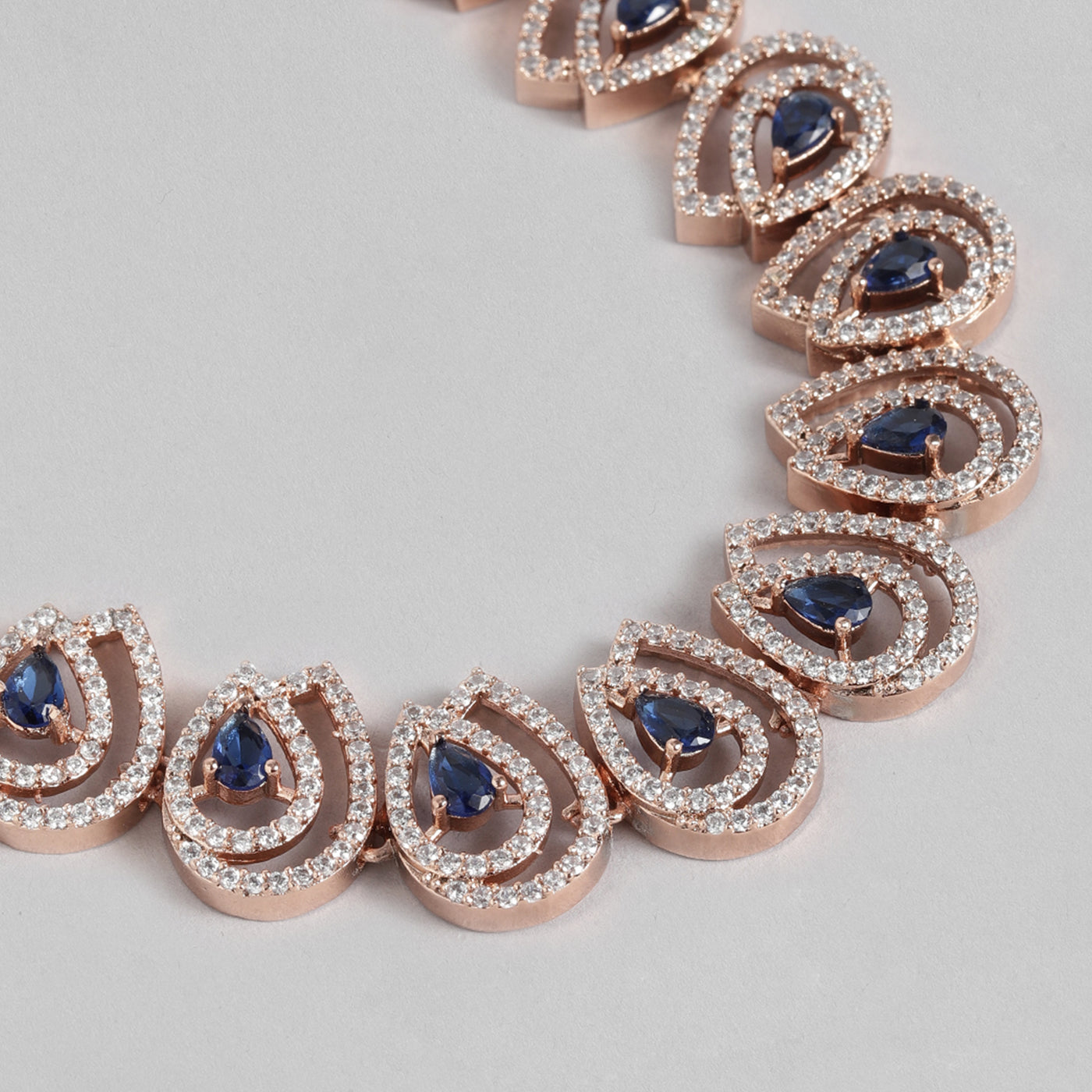 Estele Rose Gold Plated CZ Sparkling Necklace Set with Blue Stones for Women