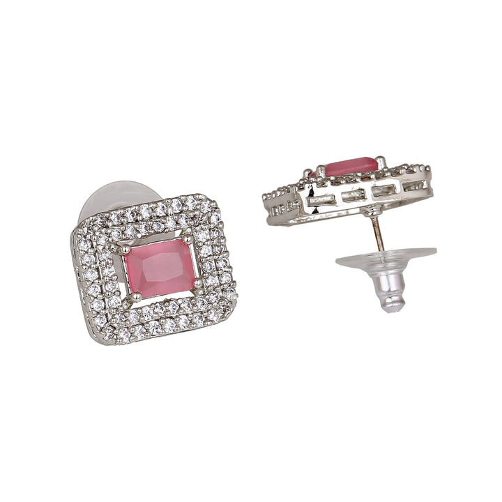 Estele Rhodium Plated CZ Ravishing Necklace Set with Mint Pink for Women