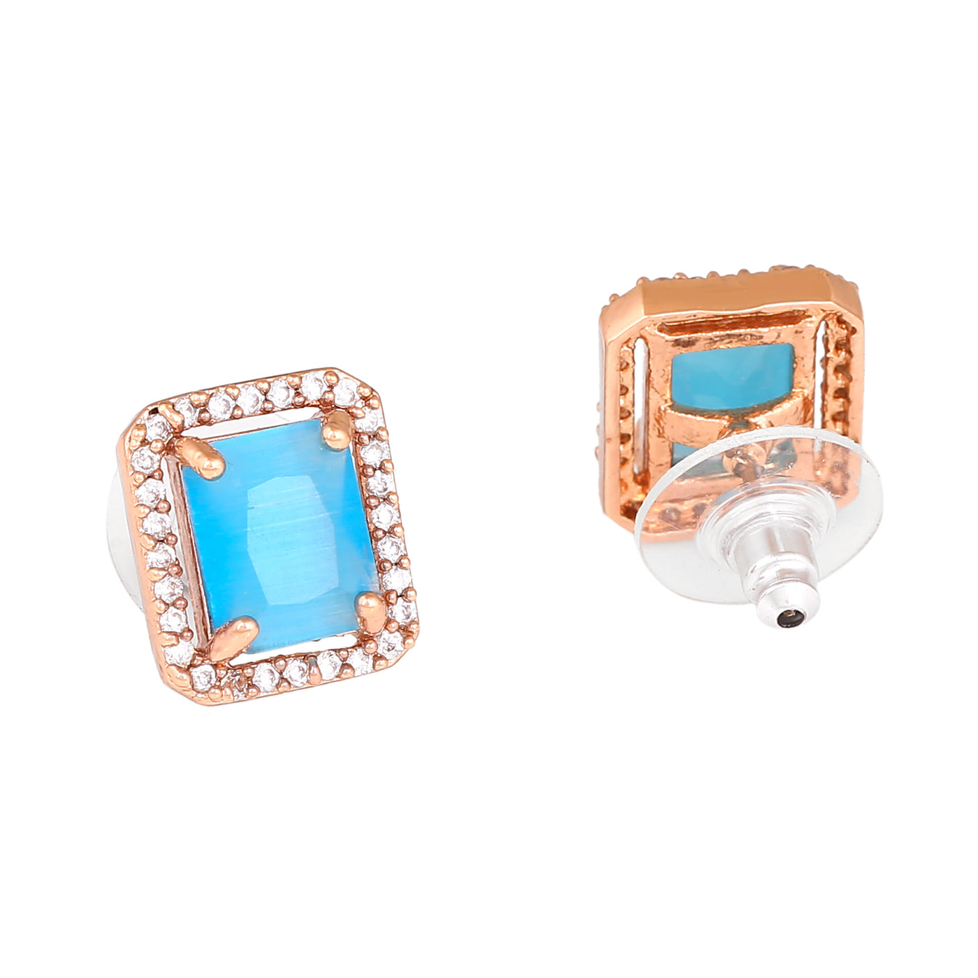 Estele Rose Gold Plated CZ Square Designer Earrings with Mint Blue for Women
