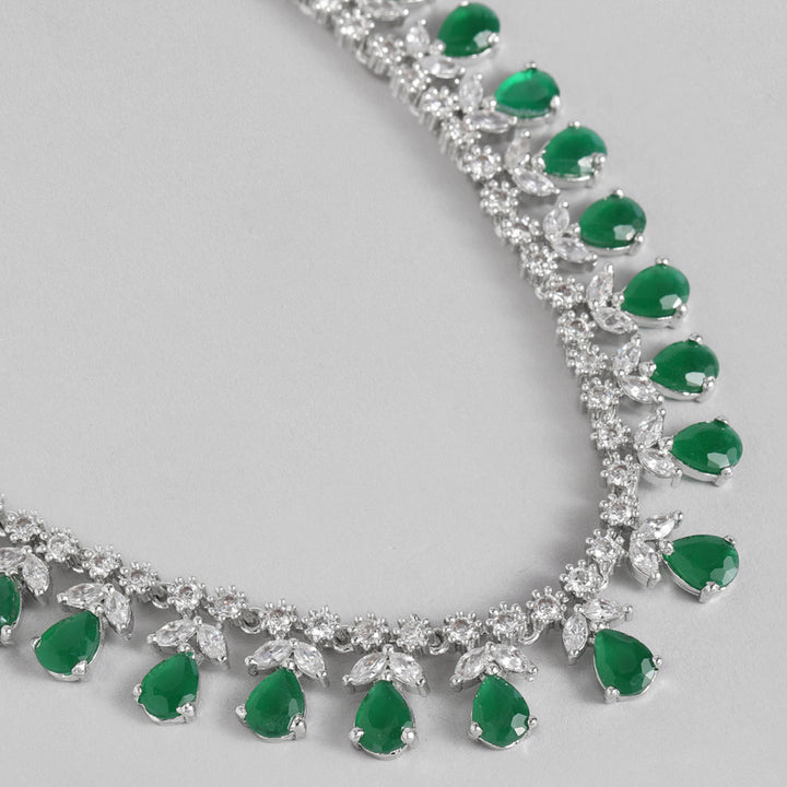 Estele Rhodium Plated CZ Glamorous Necklace Set with Green Stones for Women