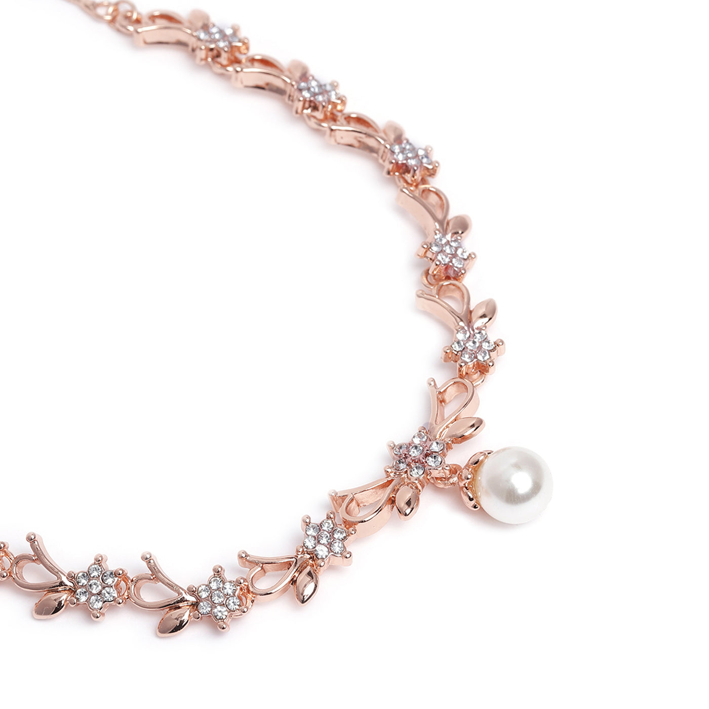 Estele Rose Gold Plated Elegant Blossom Designer Necklace Set with White Crystals & Pearl for Women