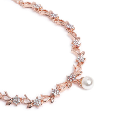 Estele Rose Gold Plated Elegant Blossom Designer Necklace Set with White Crystals & Pearl for Women