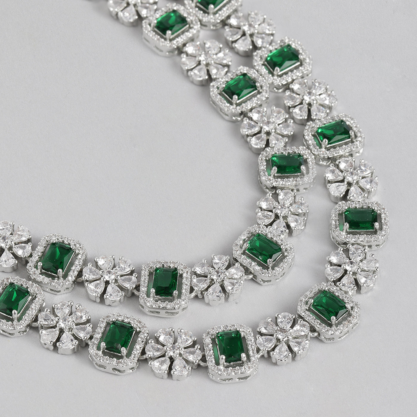 Estele Rhodium Plated CZ Dazzling Double Layered Designer Necklace Set with Green & White Crystals for Women