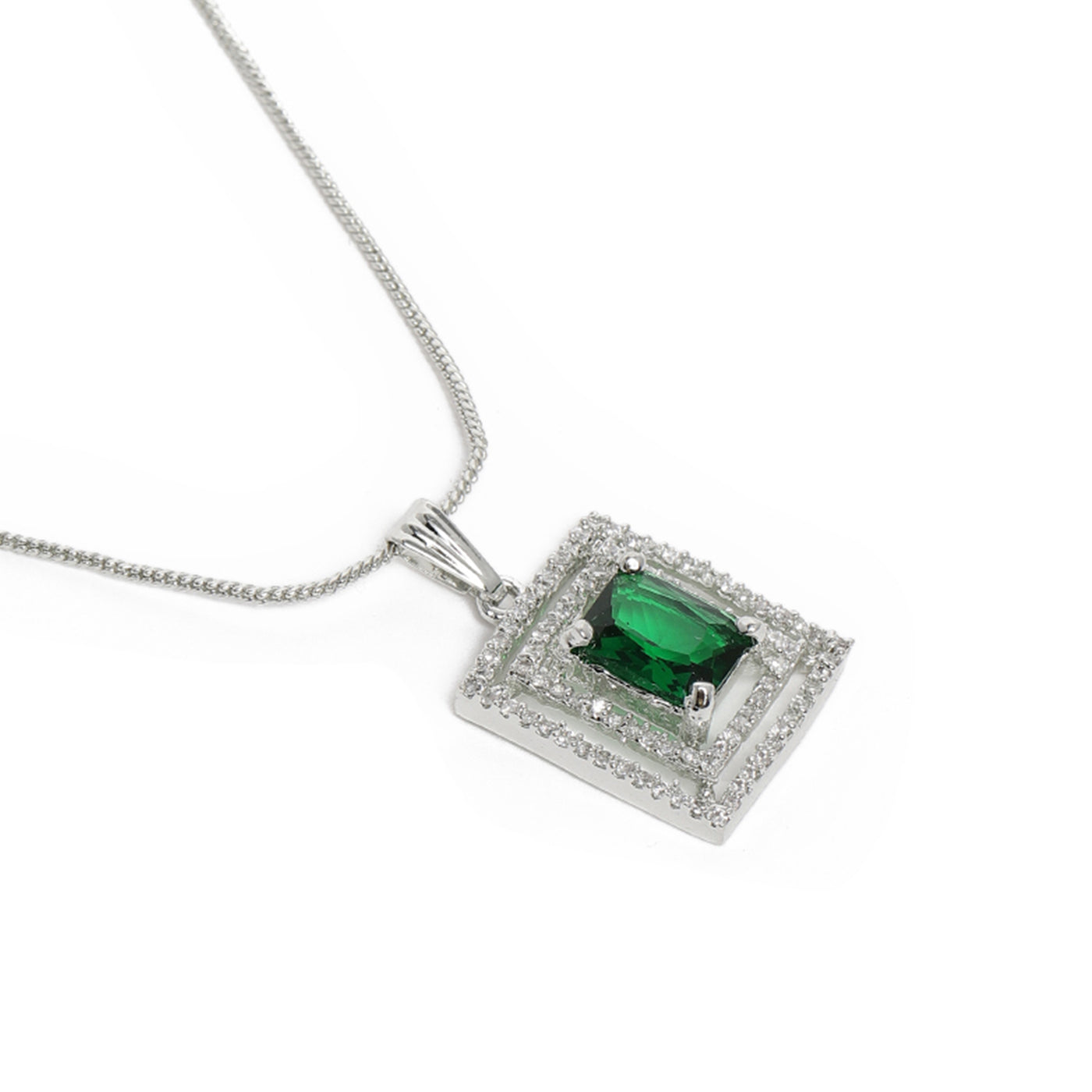 Estele Rhodium Plated CZ Attractive Pendant Set with Green Crystals for Women