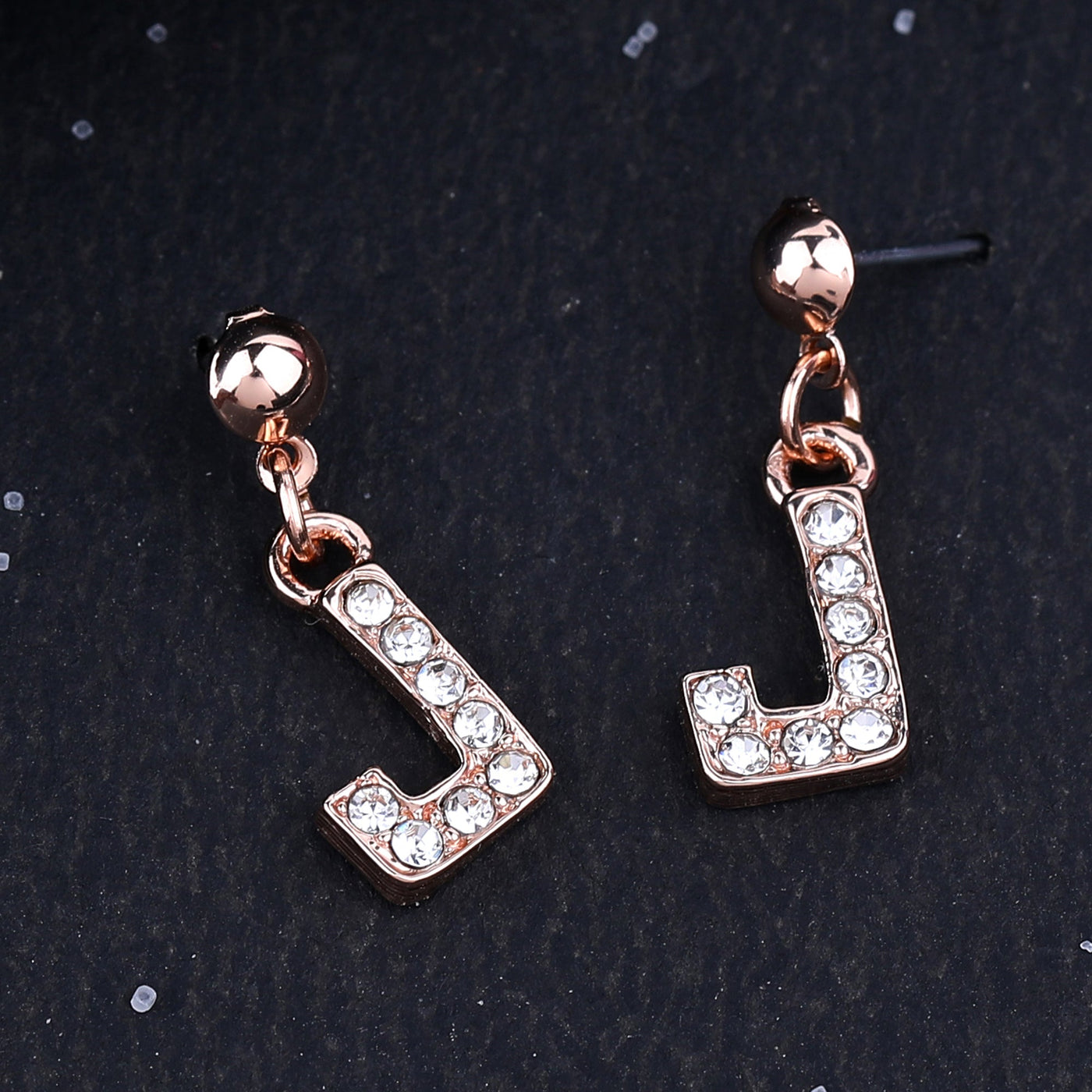 Estele Rose Gold Plated Magnificent Medium 'J' Letter Earrings with Crystals for Women