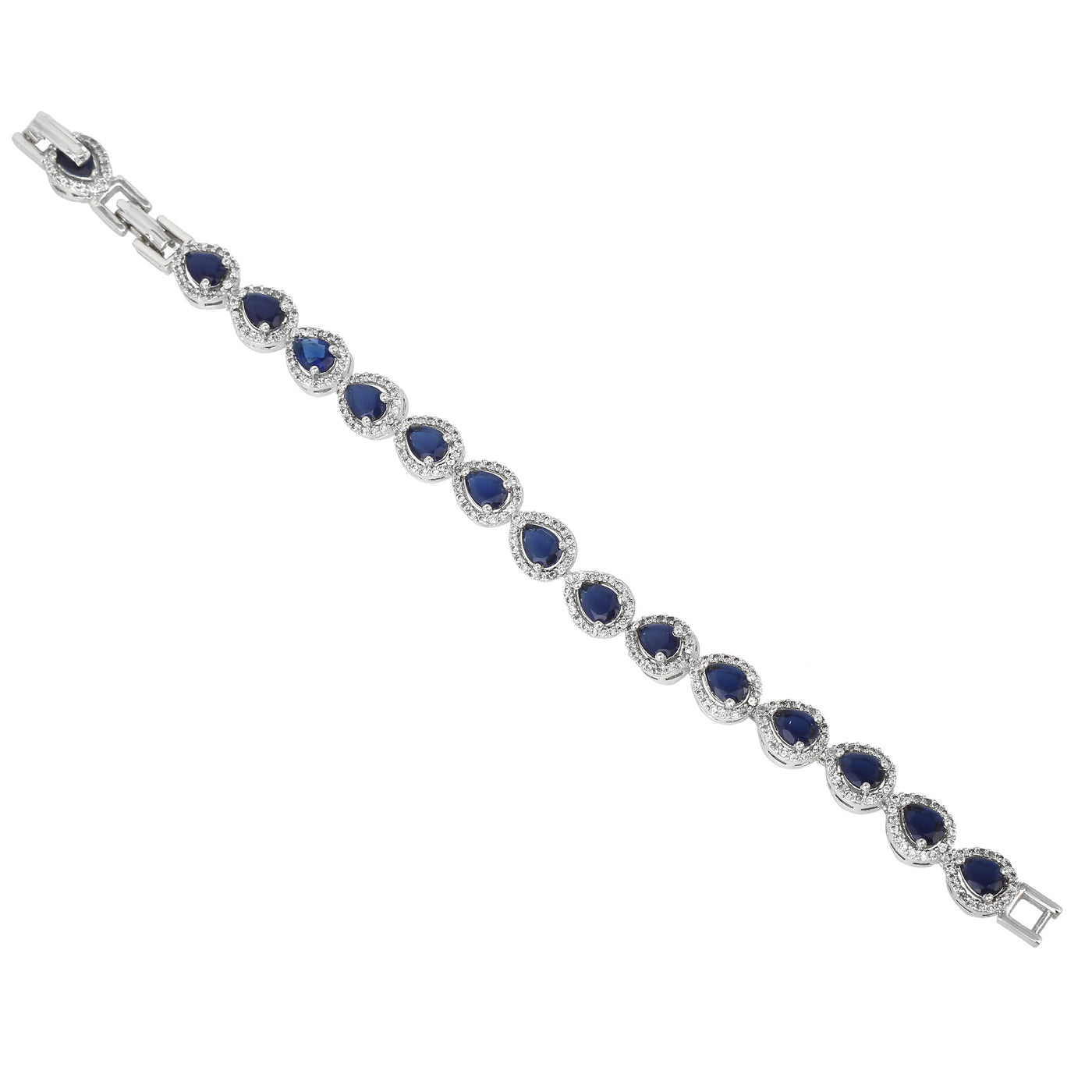 Estele Rhodium Plated CZ Drop Designer Bracelet with Blue Stones for Women