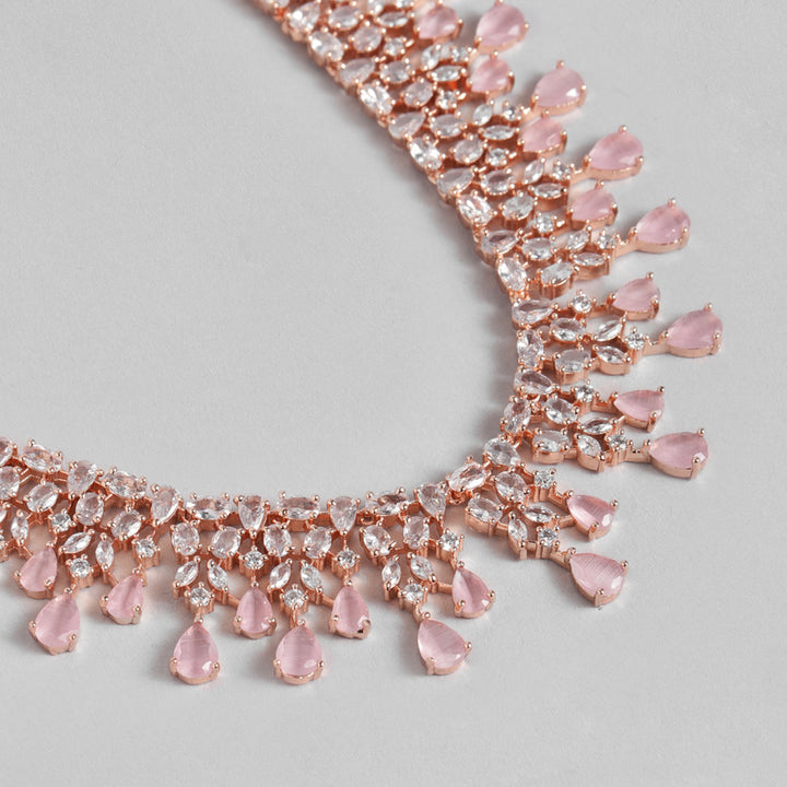 Estele Rose Gold Plated CZ Sparkling Necklace Set with Mint Pink Stones for Women
