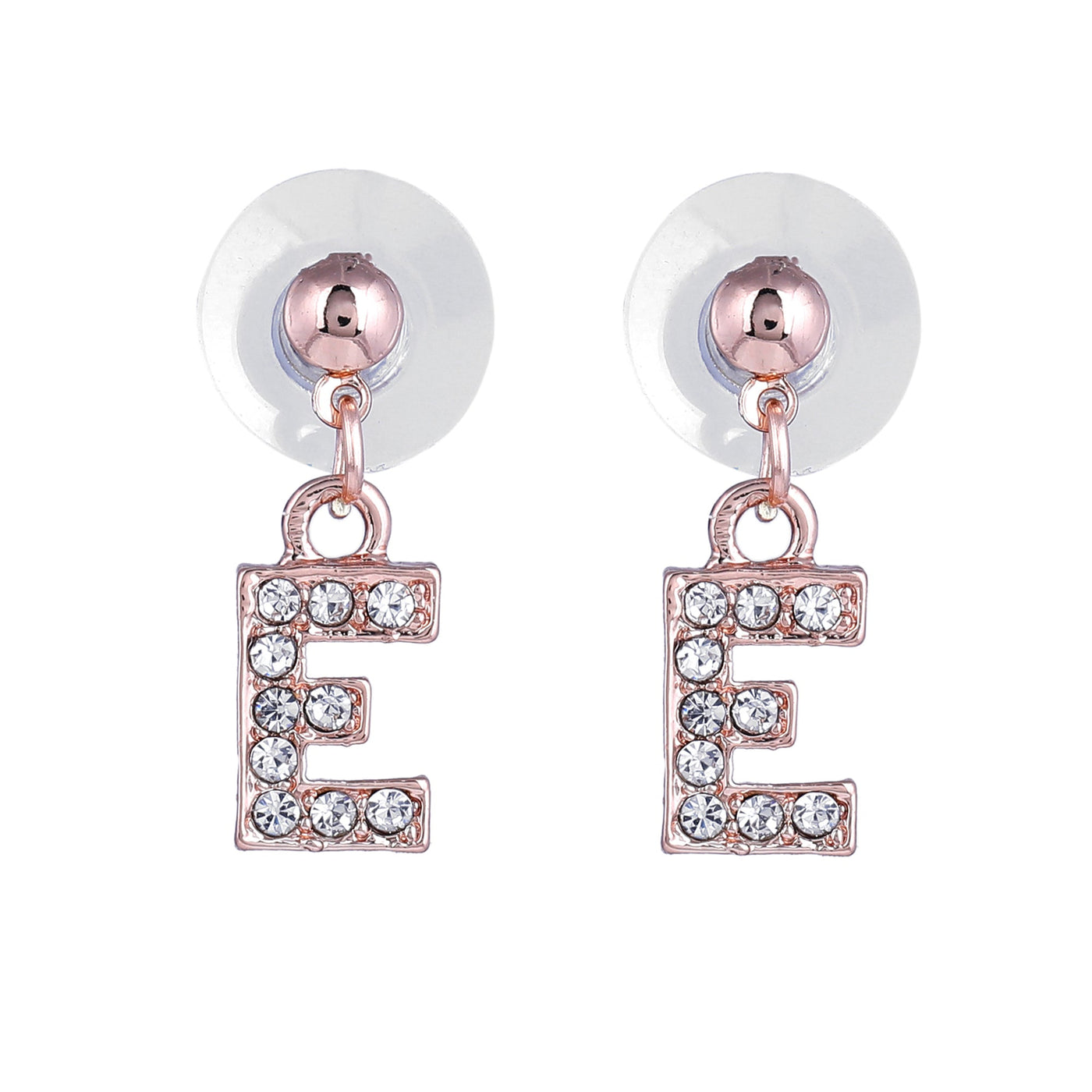 Estele Rose Gold Plated Magnificent Medium 'E' Letter Earrings with Crystals for Women