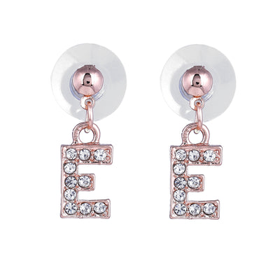 Estele Rose Gold Plated Magnificent Medium 'E' Letter Earrings with Crystals for Women