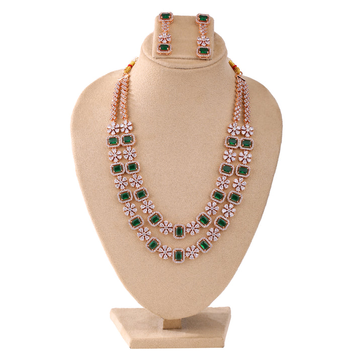 Estele Rose Gold Plated CZ Dazzling Double Layered Designer Necklace Set with Green & White Crystals for Women