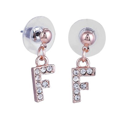 Estele Rose Gold Plated Magnificent Medium 'F' Letter Earrings with Crystals for Women