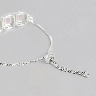 Estele Rhodium Plated CZ Ossum Octagon Bracelet With Mint Pink Crystals for Women