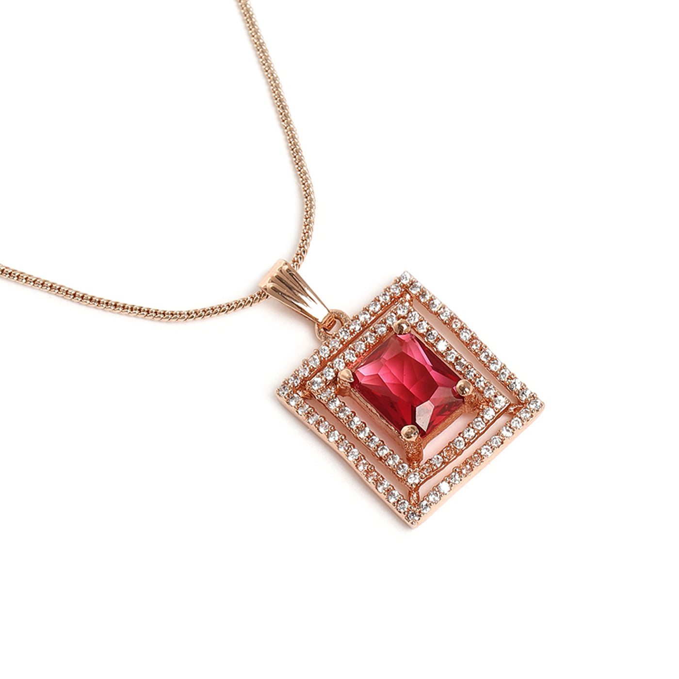 Estele Rose Gold Plated CZ Beautiful Square Designer Pendant Set with Tourmaline Pink Crystals for Women