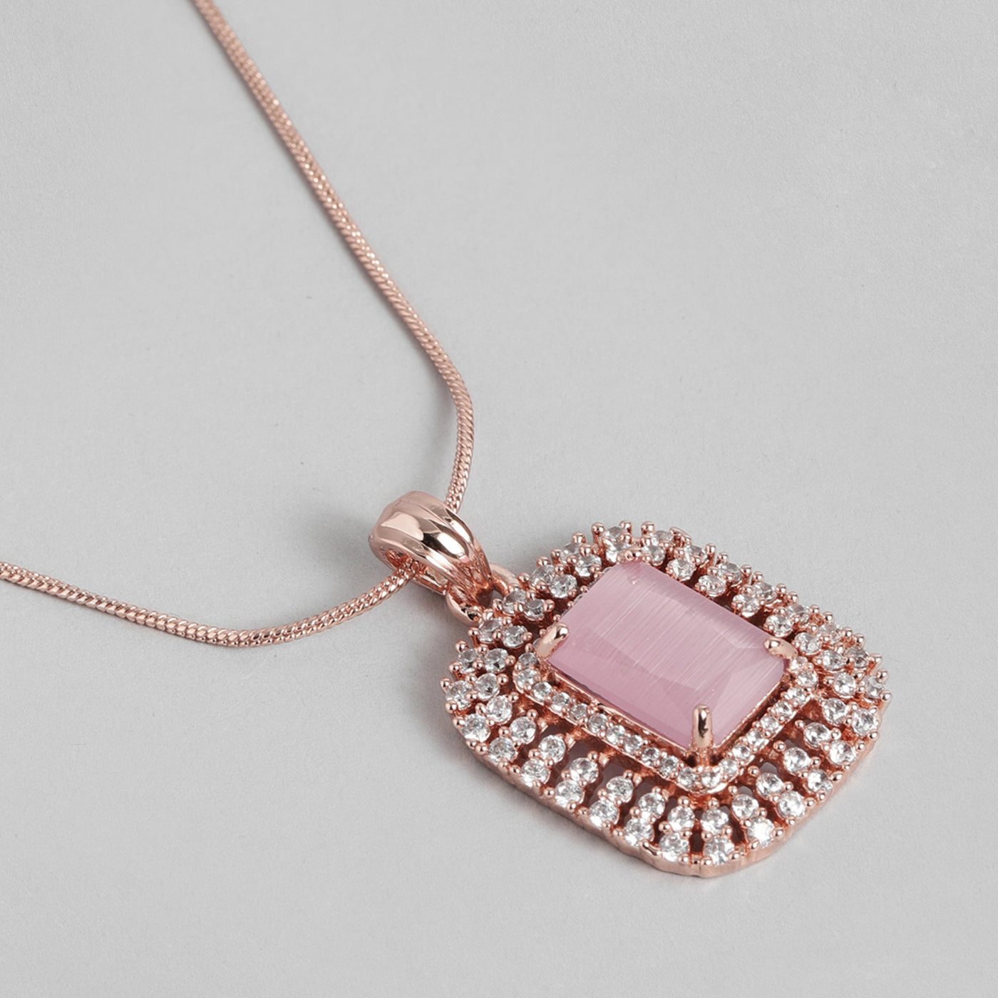 Estele Rose Gold Plated CZ Sparkling Square Designer Pendant Set with Mint Pink Crystals for Women