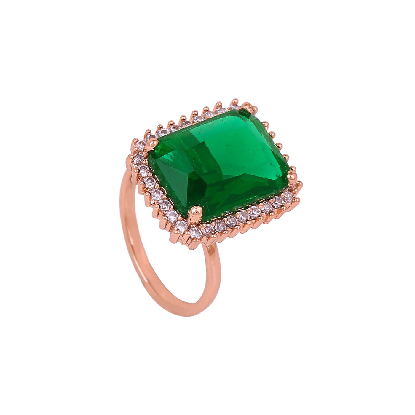 Estele Rose Gold Plated CZ Sparkling Finger Ring with Green Stones for Women