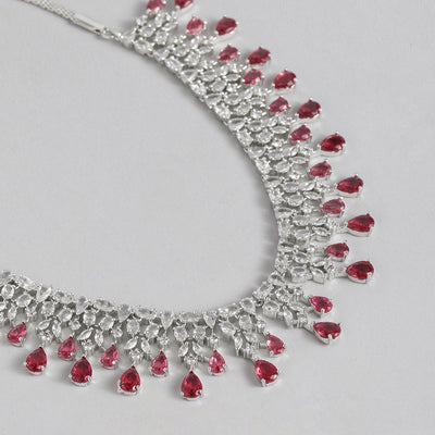 Estele Rhodium Plated CZ Beautiful Designer Necklace Set with Ruby Stones for Women